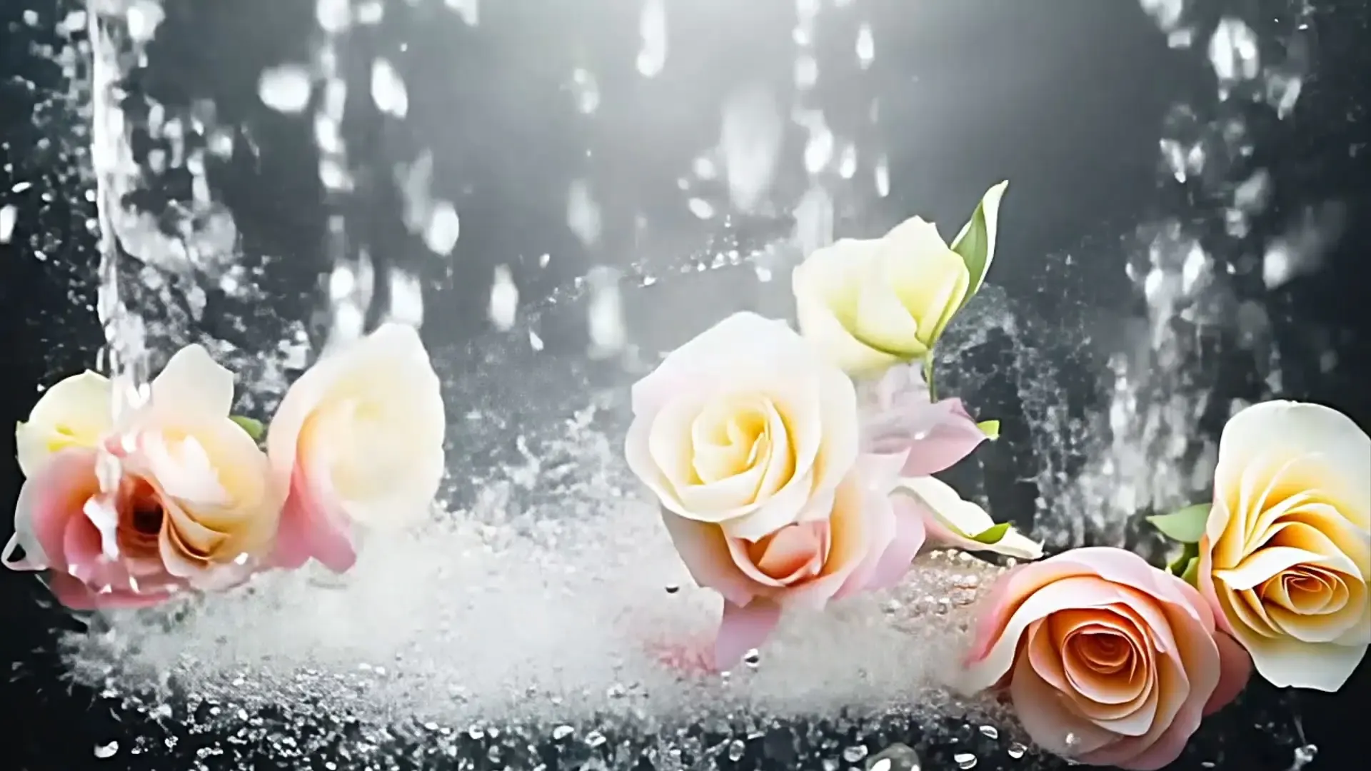 Colorful Floating Roses in Water with Splash Overlay for Dreamy Title Animation